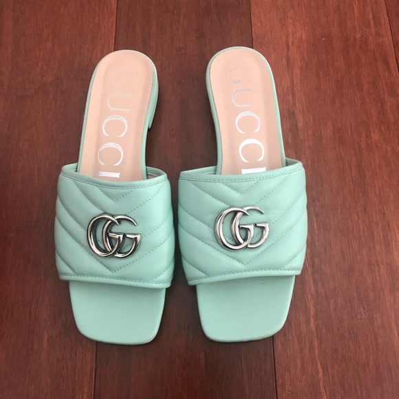 Gucci Marmot GG slide sandals mules . Mint green & Chevron quilted Eu 37 US 7 - Picture 3 of 16